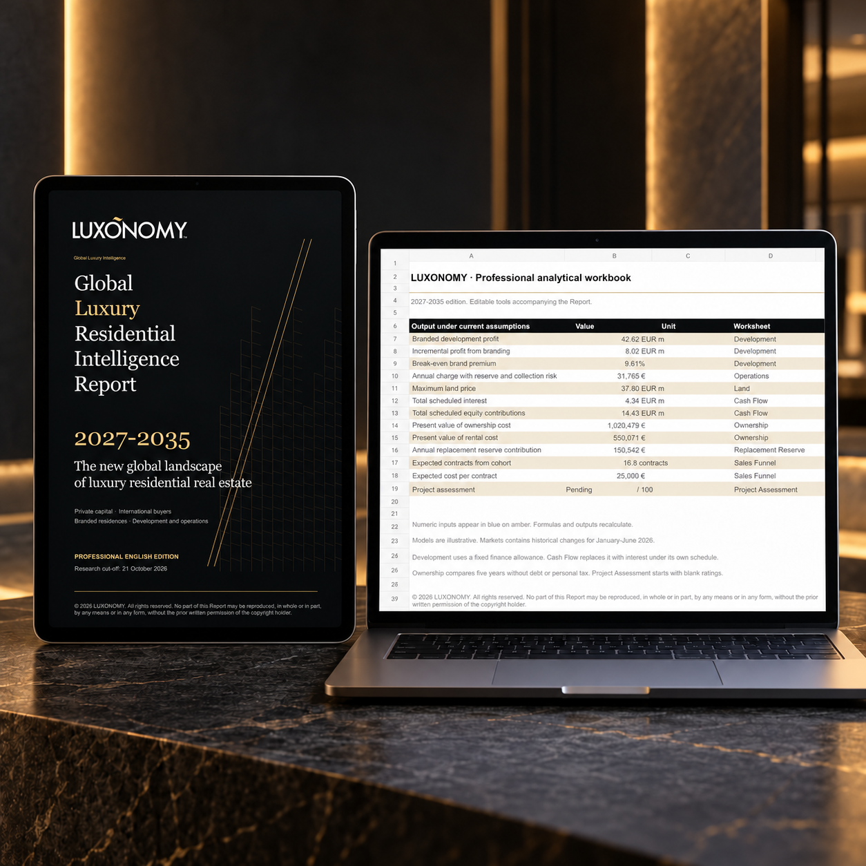 LUXONOMY English edition of the Global Luxury Residential Intelligence Report 2027–2035 displayed on a tablet beside the editable English Excel workbook on a laptop. Digital package mockup.