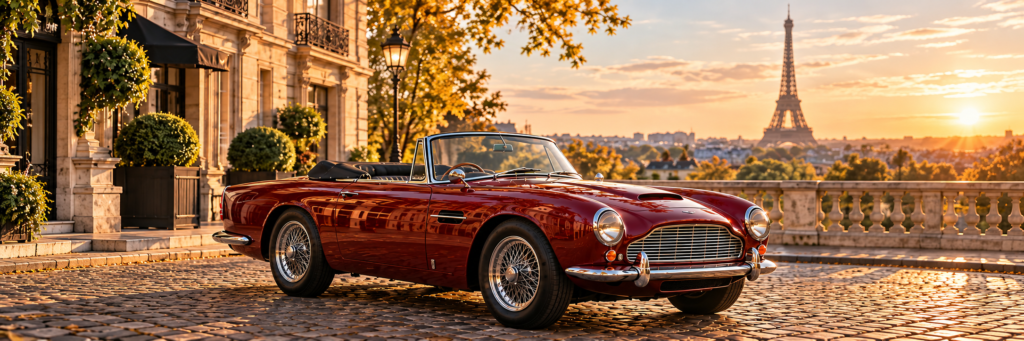 A burgundy classic sports car in Paris at sunset, with the Eiffel Tower in the background